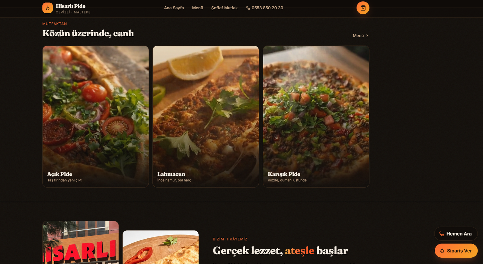 Hisarlı Pide restoran web sitesi ana sayfası