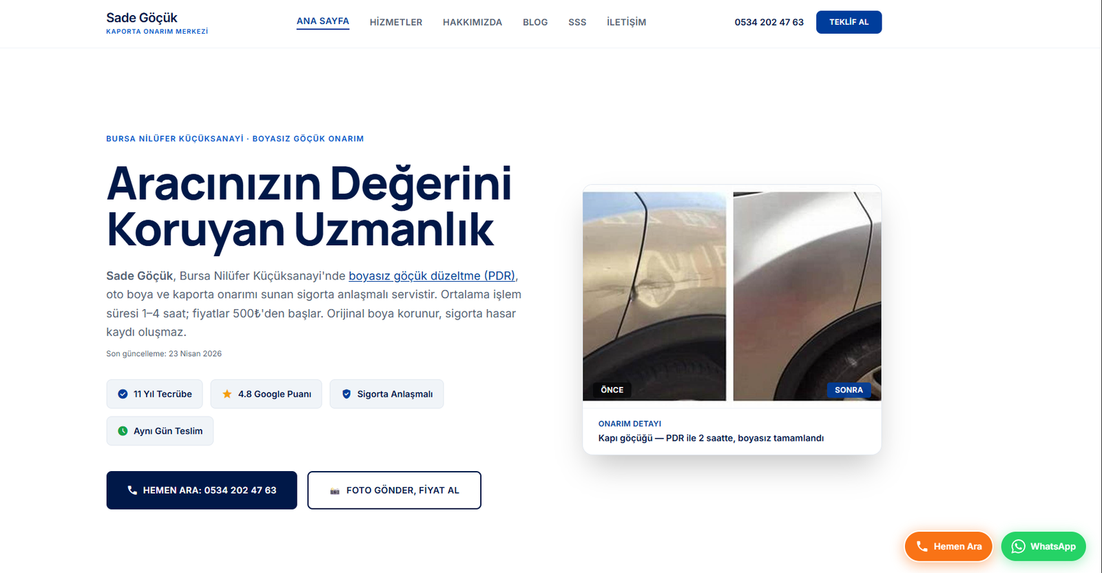 Sade Göçük Kaporta web sitesi ana sayfası